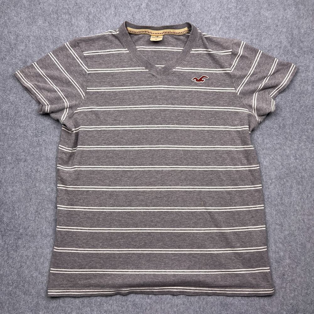 hollister striped v neck t-shirt gray logo short sleeve large‎